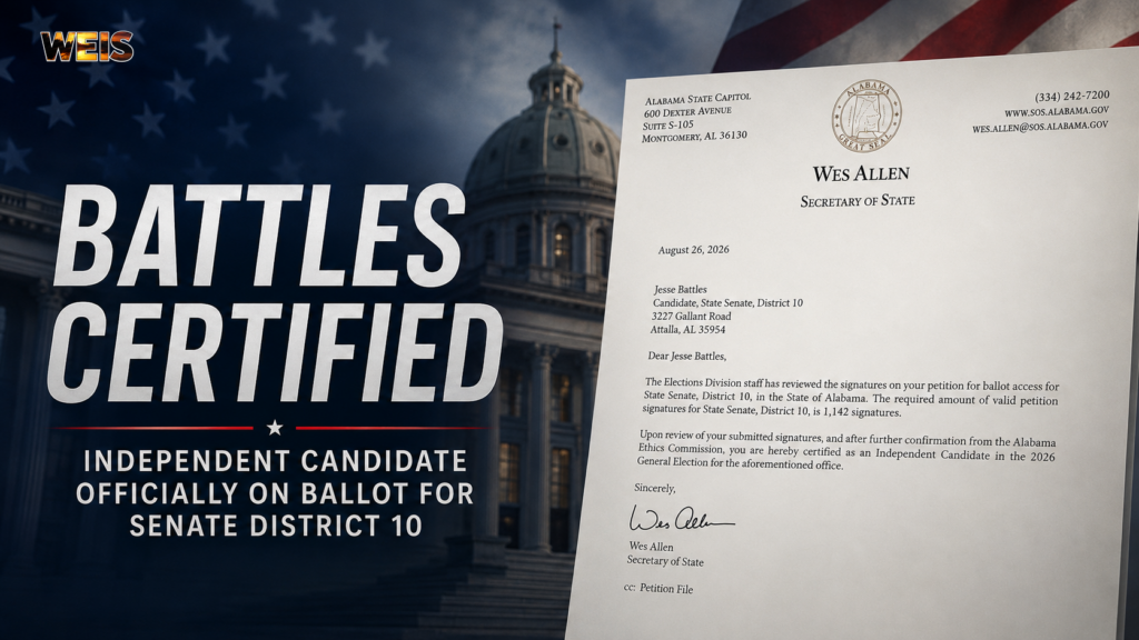 Jesse Battles Senate District 10 ballot certification letter issued by Alabama Secretary of State Wes Allen