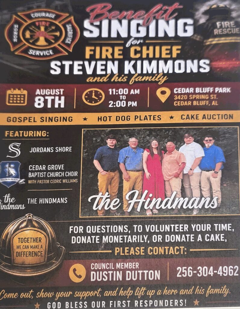 Benefit singing for Fire Chief Steven Kimmons at Cedar Bluff Park Aug. 8

Image title: