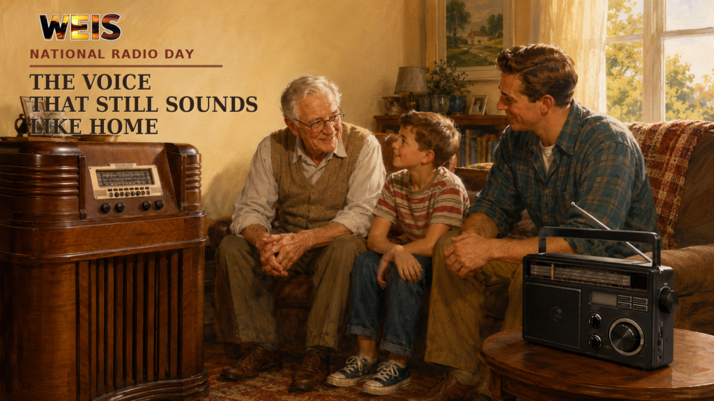 National Radio Day illustration showing three generations listening beside vintage and modern radios.