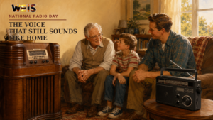 National Radio Day illustration showing three generations listening beside vintage and modern radios.