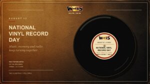 Vintage WEIS feature graphic showing a vinyl record with a custom National Vinyl Record Day label.
