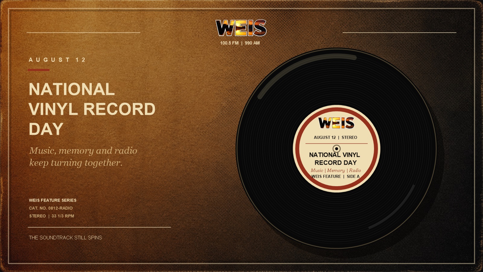 Vintage WEIS feature graphic showing a vinyl record with a custom National Vinyl Record Day label.