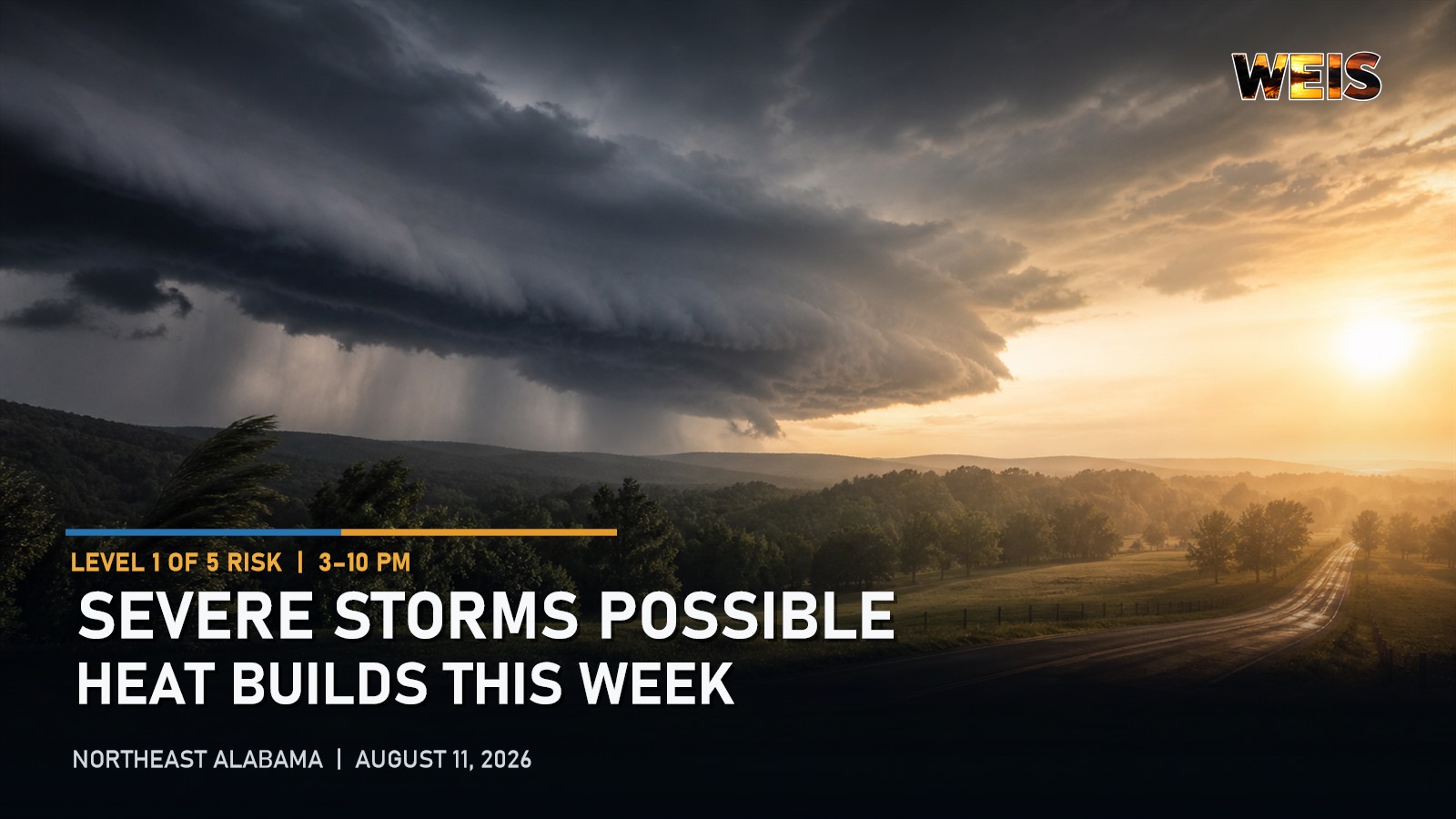 Northeast Alabama severe weather forecast showing a risk of damaging thunderstorms followed by dangerous heat this week.