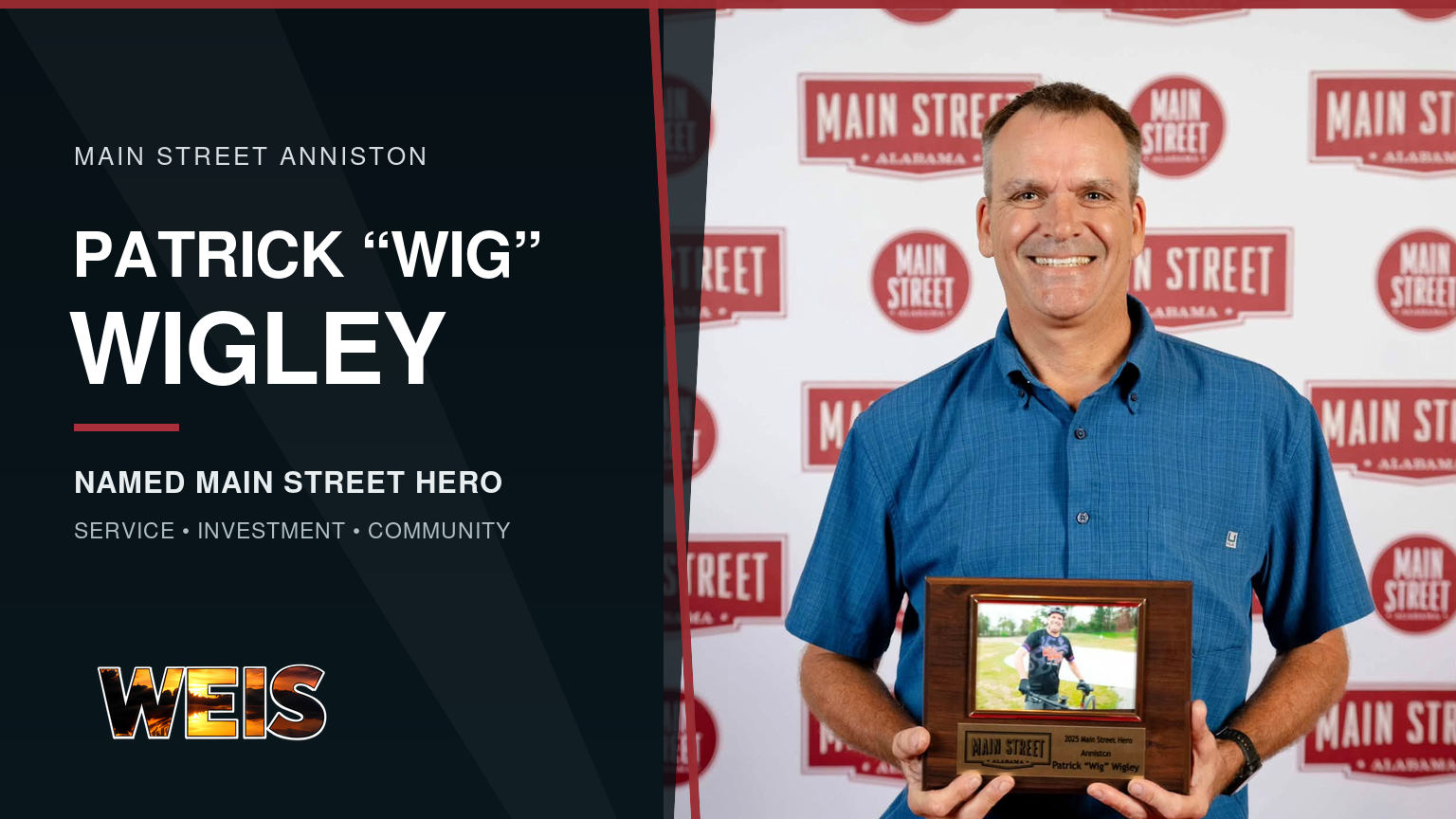 Patrick Wigley holds his Main Street Hero award in a WEIS news graphic for Main Street Anniston.