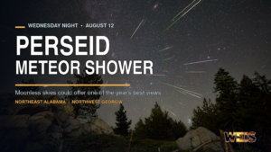 Perseid meteor shower over a forest with viewing information for Northeast Alabama and Northwest Georgia.
