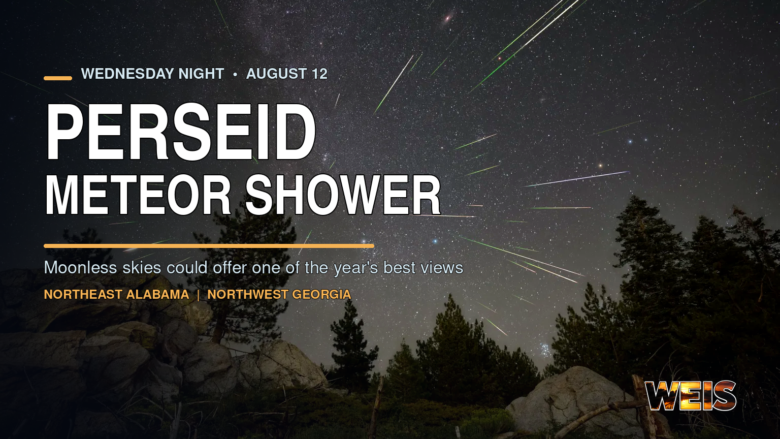 Perseid meteor shower over a forest with viewing information for Northeast Alabama and Northwest Georgia.