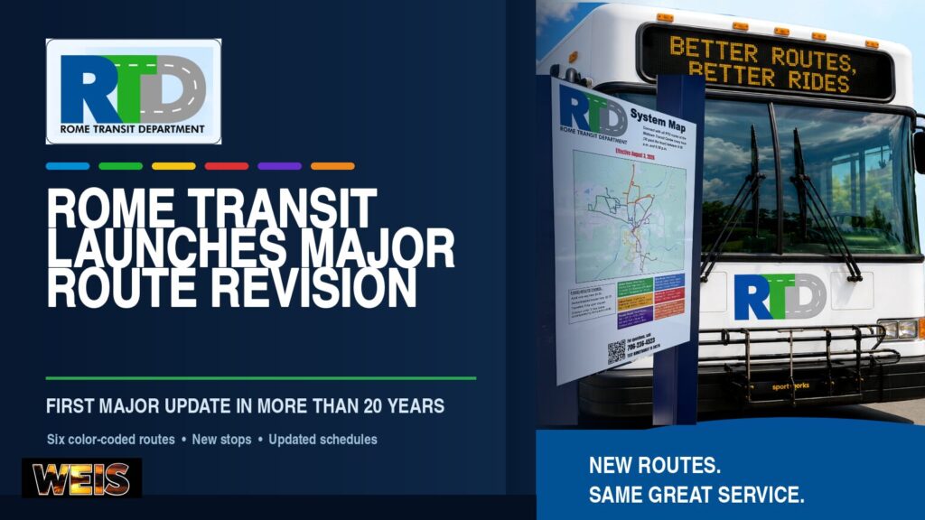Rome Transit route changes featuring an official bus and the new color-coded route system