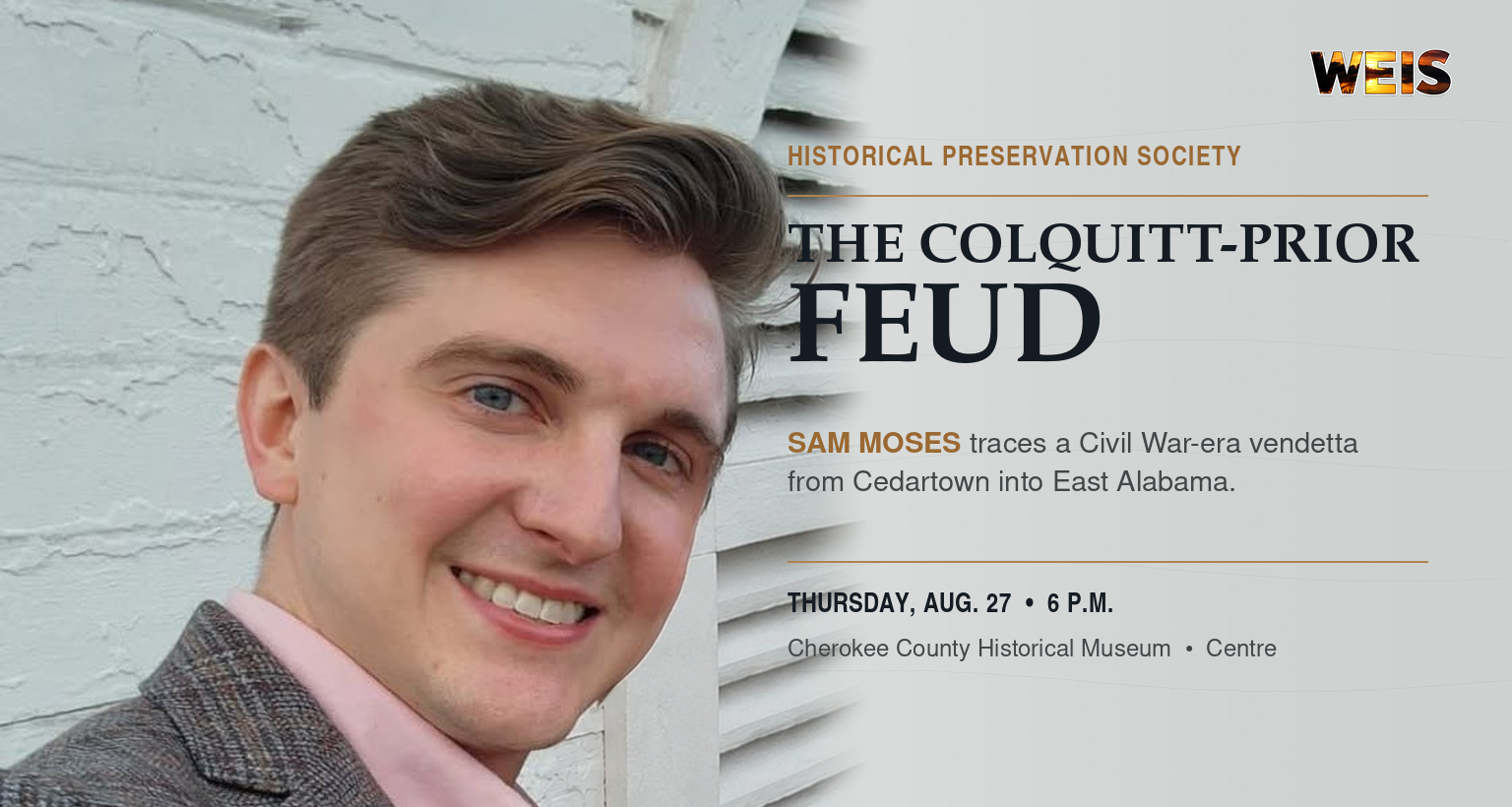 Sam Moses promotes the Colquitt-Prior feud program at the Cherokee County Historical Museum in Centre