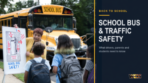 WEIS news header showing a school bus safety instructor teaching students about the 10-foot danger zone beside a school bus.
