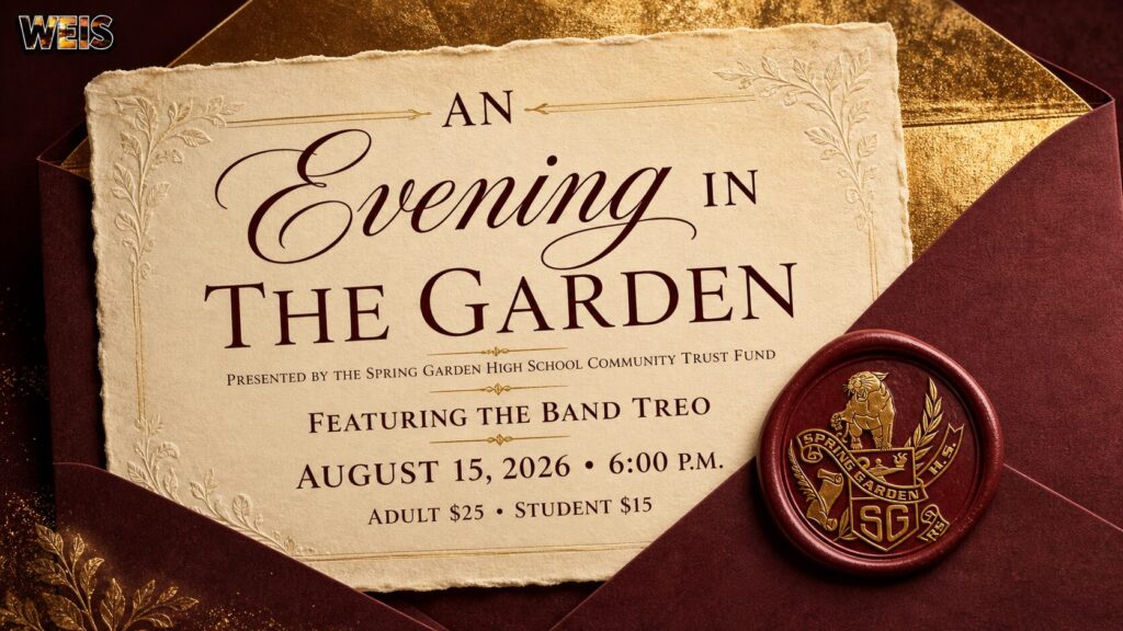 Evening in the Garden event invitation featuring live music by Treo in Spring Garden