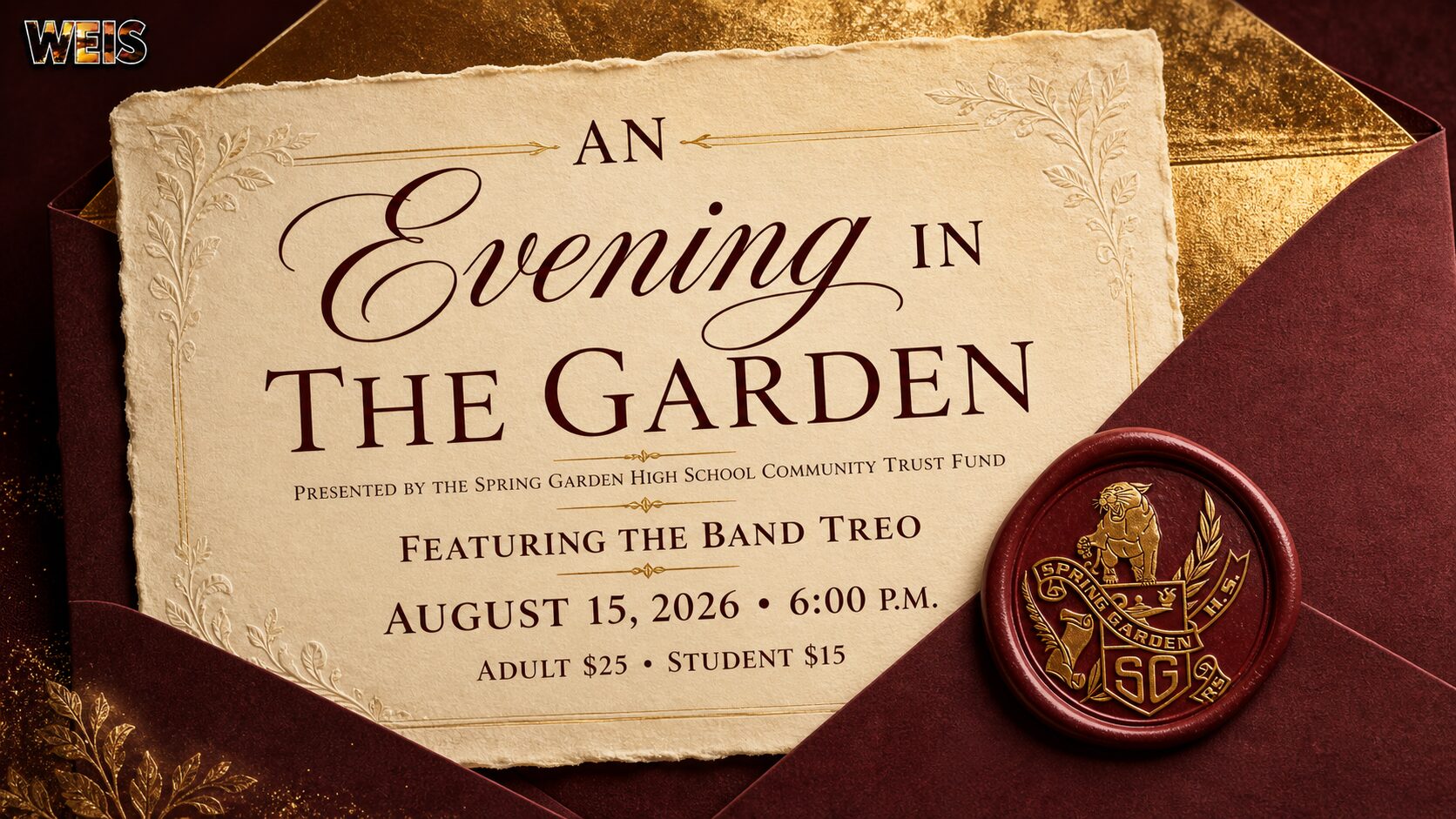 Evening in the Garden event invitation featuring live music by Treo in Spring Garden