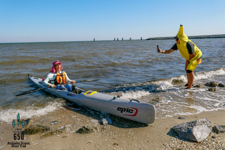 Great Alabama 650 race header featuring a kayaker and the 2026 route from Weiss Lake to Fort Morgan.
