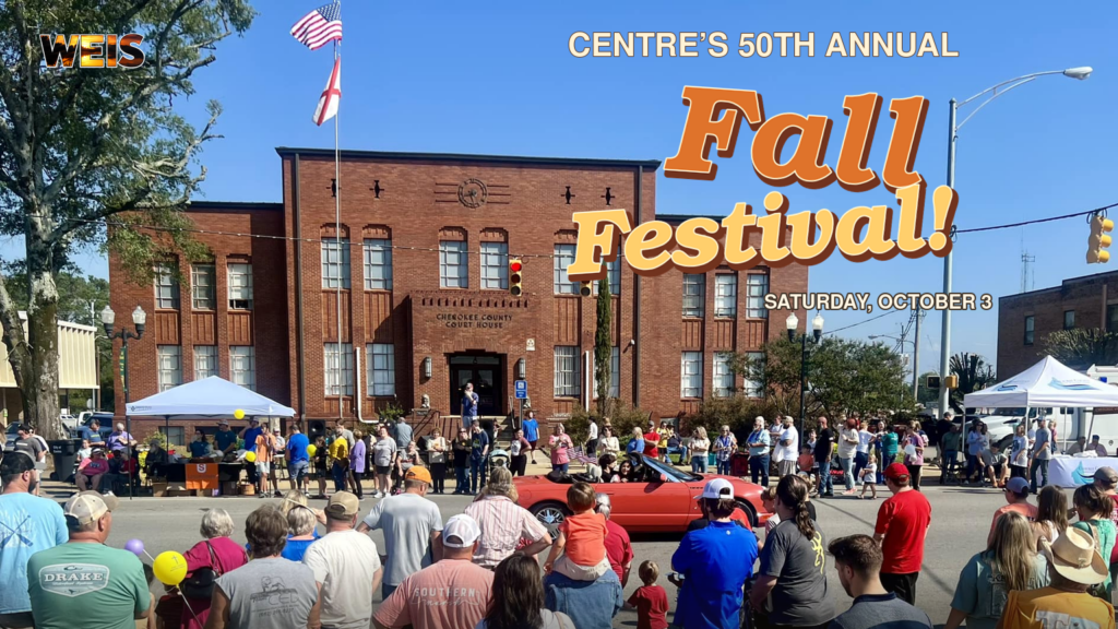 Centre’s 50th annual Fall Festival graphic featuring a downtown parade crowd and autumn-colored lettering.