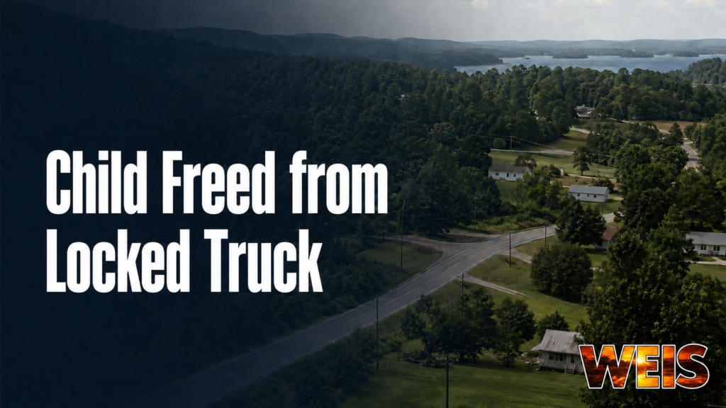 WEIS news graphic for a child freed from a locked truck in the Bay Springs area during 97-degree heat.