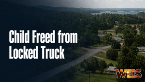 WEIS news graphic for a child freed from a locked truck in the Bay Springs area during 97-degree heat.
