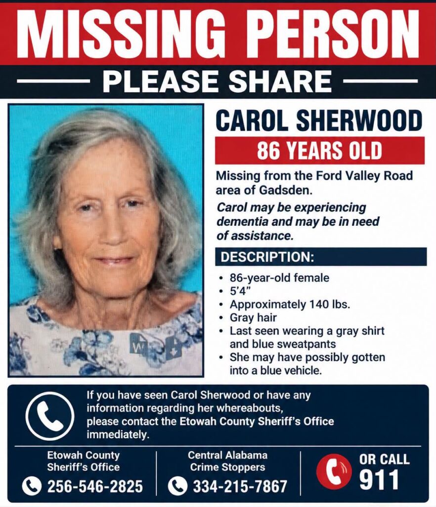 Carol Sherwood missing-person news header showing the 86-year-old woman sought by the Etowah County Sheriff’s Office.