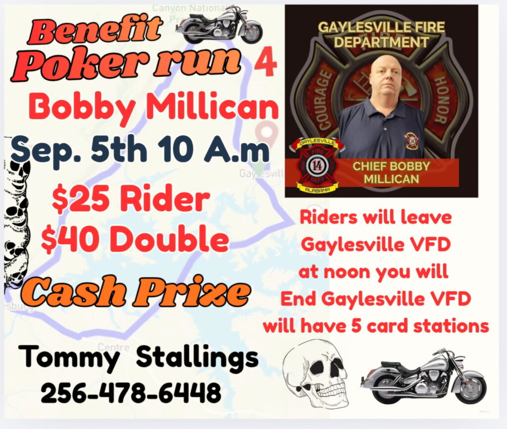 Gaylesville benefit poker run for Fire Chief Bobby Millican on September 5
