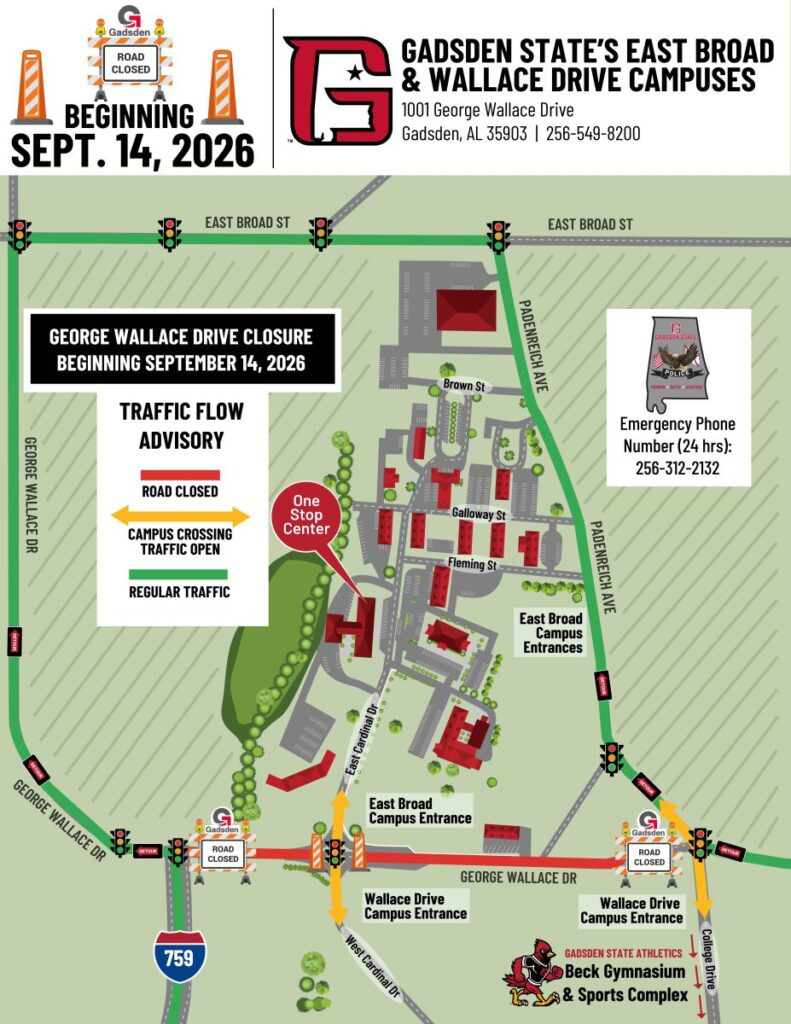 George Wallace Drive closure map showing Gadsden State campus access routes beginning Sept. 14, 2026
