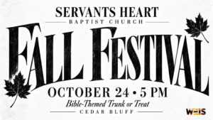 Black-and-white Servants Heart Fall Festival header with October 24, 5 p.m., and Cedar Bluff event details.