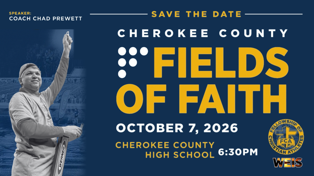 Cherokee County Fields of Faith header with coach Chad Prewett, the FCA emblem, and Oct. 7 event details.