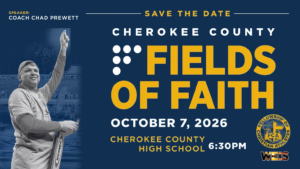 Cherokee County Fields of Faith header with coach Chad Prewett, the FCA emblem, and Oct. 7 event details.