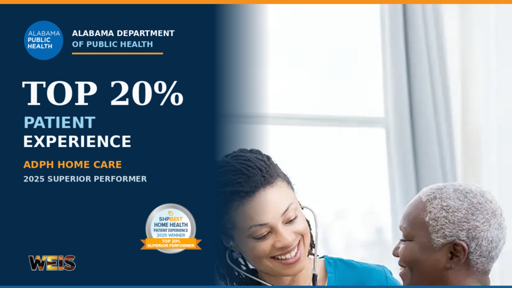 ADPH Home Care award header recognizing the agency as a 2025 SHPBest Top 20% Superior Performer for patient experience.