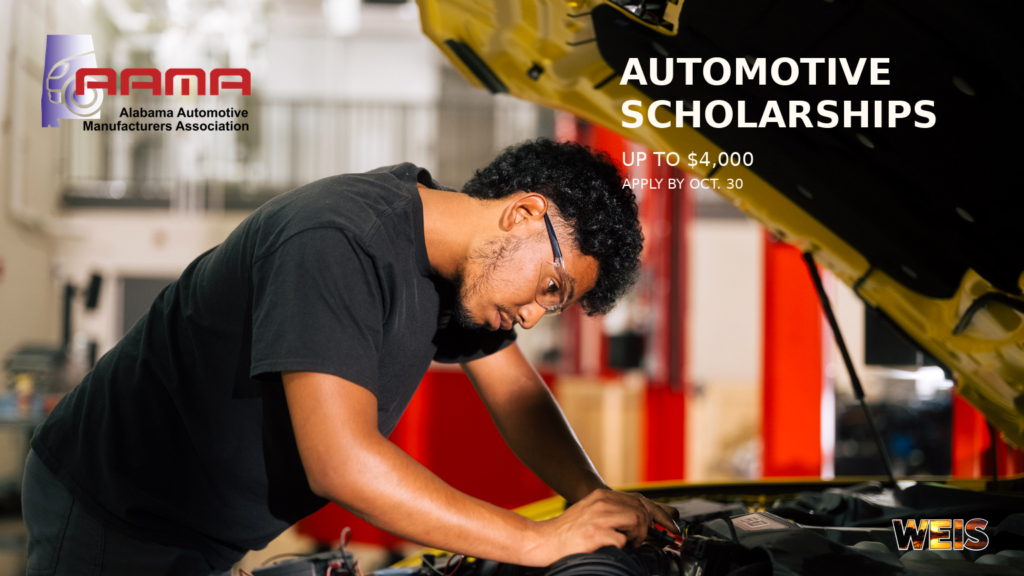 Alabama automotive scholarships featured image with an automotive student working under a yellow vehicle hood and the AAMA logo.