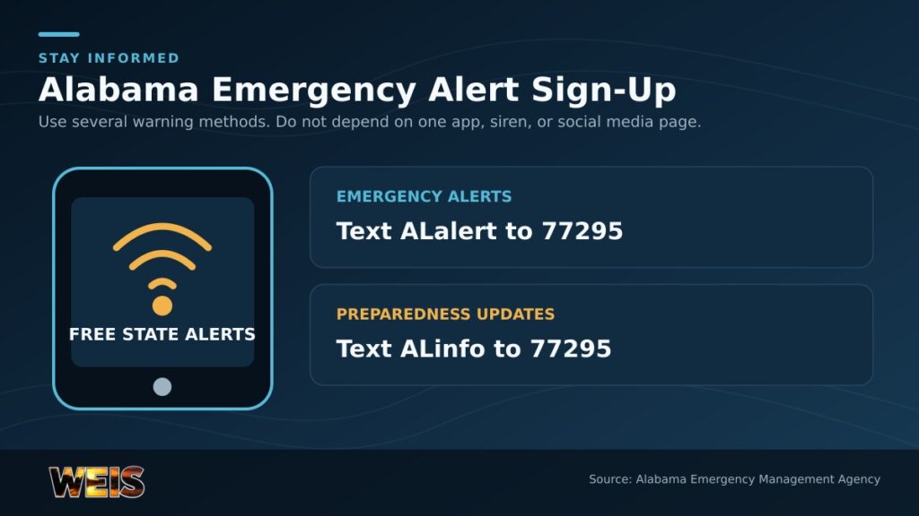Alabama emergency alert sign-up instructions showing ALalert and ALinfo text codes for 77295.