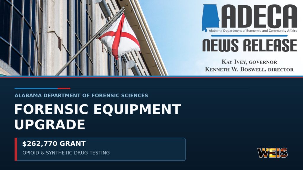 Alabama forensic equipment grant header highlighting $262,770 for opioid and synthetic drug testing