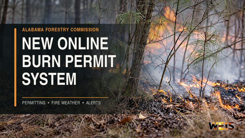 Alabama Forestry Commission online burn permit system header featuring a controlled prescribed burn and subtle WEIS branding.