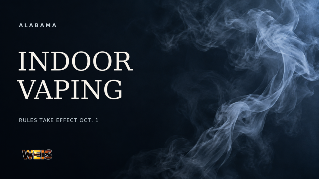 Alabama vaping law graphic with a wispy vapor cloud, the words “Indoor Vaping” and an Oct. 1 effective-date notice.