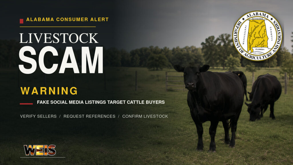 Alabama livestock scams warning graphic featuring black cattle, the ADAI seal, and subtle WEIS branding.