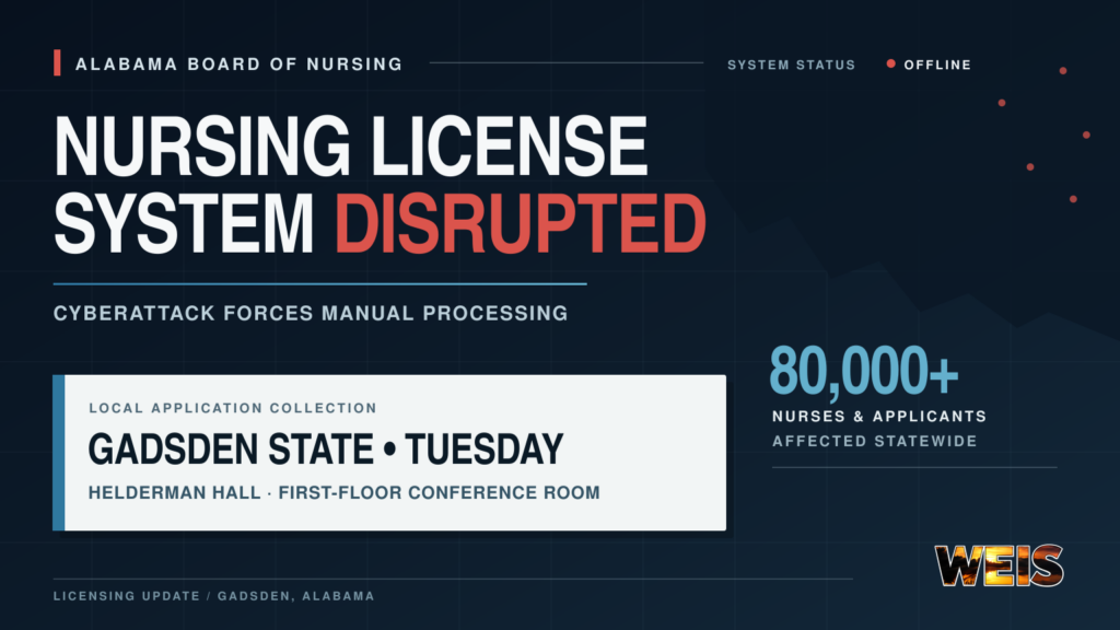 Alabama nursing license cyberattack graphic announcing paper application collection at Gadsden State