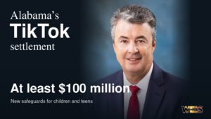 Official portrait of Steve Marshall beside Alabama TikTok settlement text highlighting at least $100 million and youth safeguards.