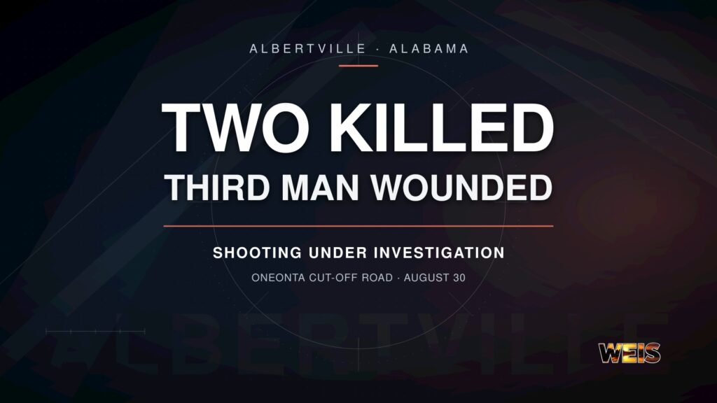 Albertville shooting investigation header reporting two men dead and a third wounded on Oneonta Cut-Off Road.