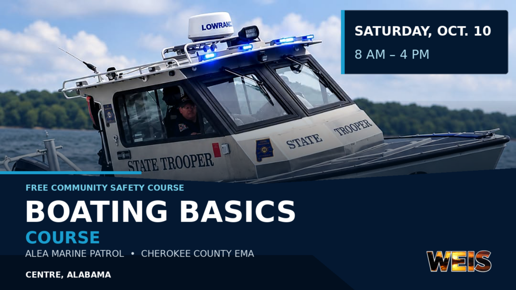 ALEA Boating Basics Course in Centre news header featuring a Marine Patrol boat