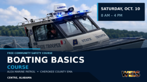 ALEA Boating Basics Course in Centre news header featuring a Marine Patrol boat