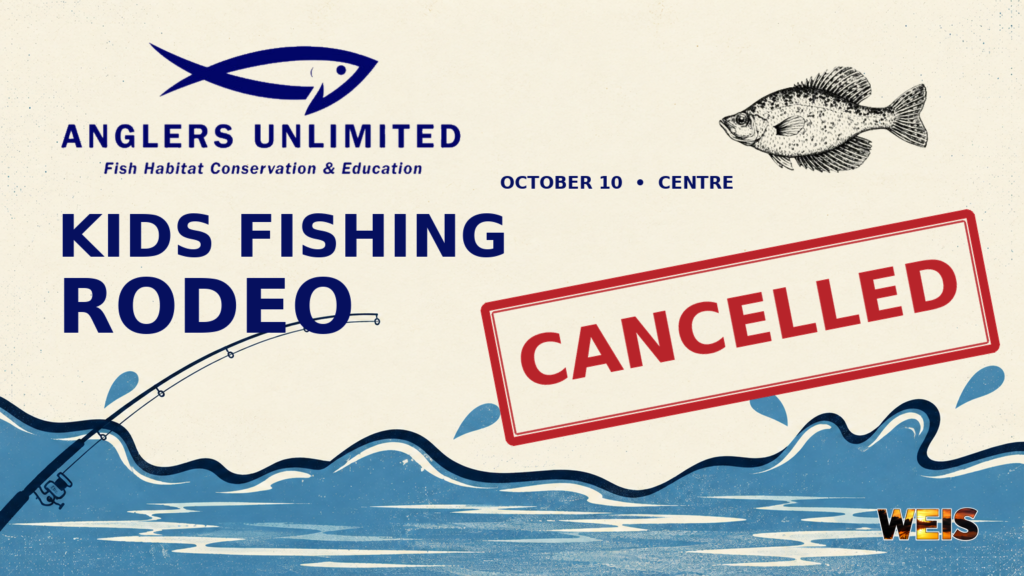  Anglers Unlimited kids fishing rodeo artwork with a prominent red CANCELLED stamp and October 10 Centre label.