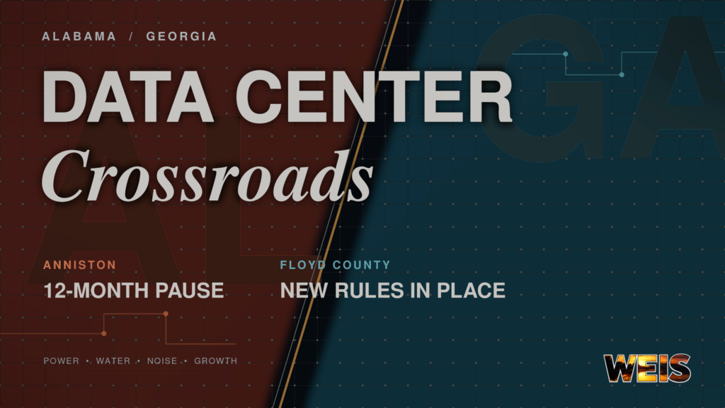 Anniston data center moratorium and Floyd County development rules shown in an Alabama-Georgia policy graphic.