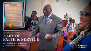 Anniston honors Dr. Titus Roberson in a WEIS news header featuring him at Mount Calvary Missionary Baptist Church and the city proclamation.
