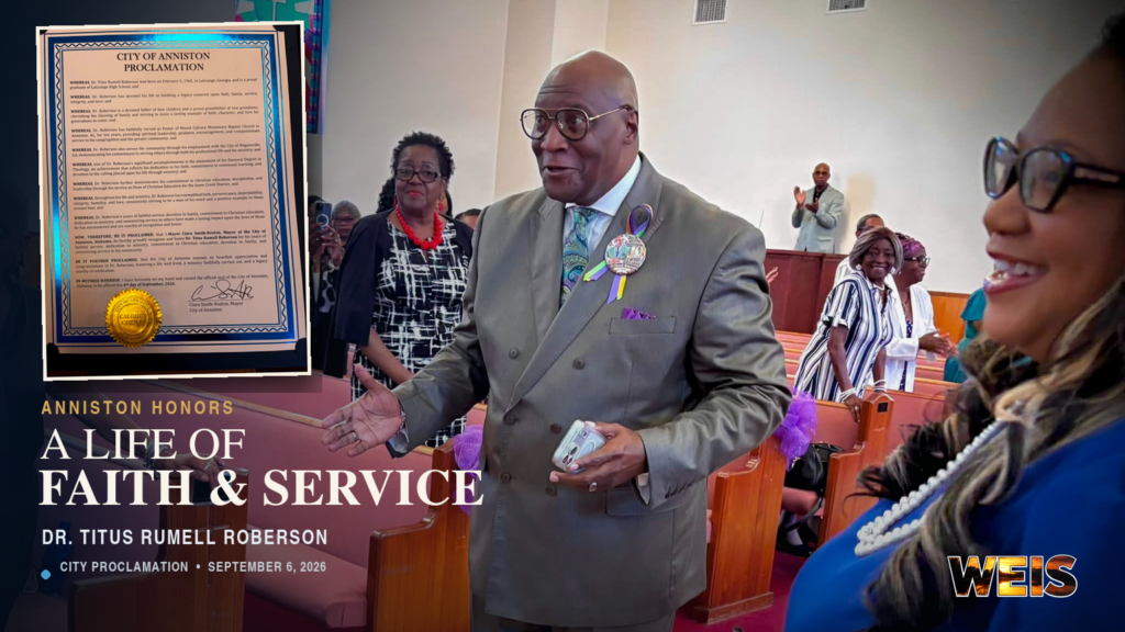 Anniston honors Dr. Titus Roberson in a WEIS news header featuring him at Mount Calvary Missionary Baptist Church and the city proclamation.
