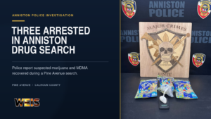 Anniston drug arrests evidence display with suspected marijuana and MDMA recovered during the Pine Avenue search
