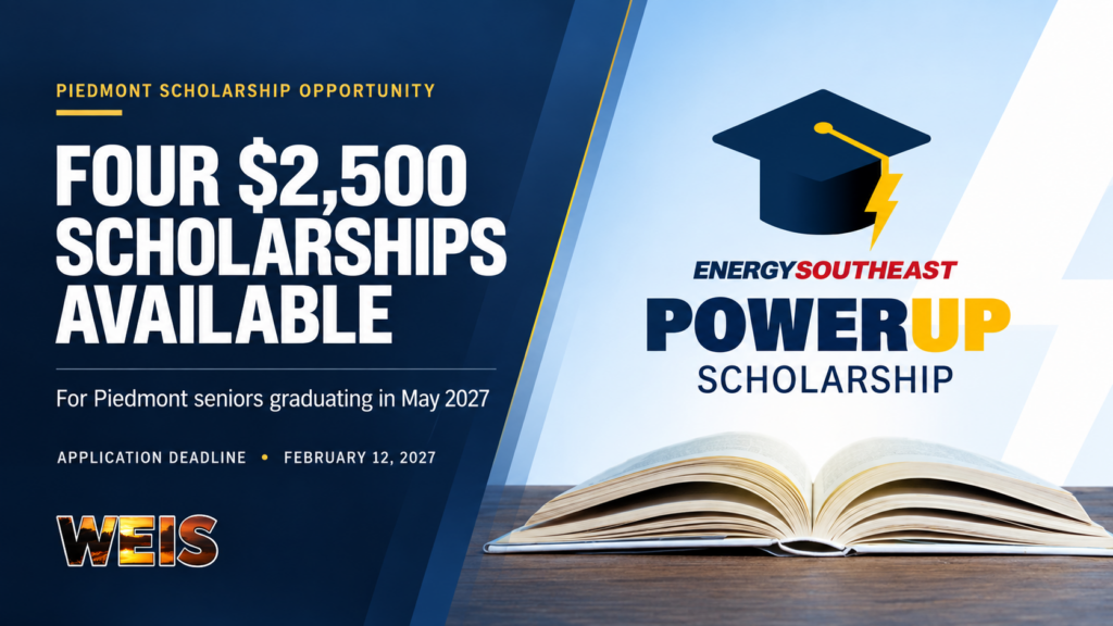 PowerUp Scholarships header announcing four $2,500 awards for Piedmont seniors graduating in May 2027