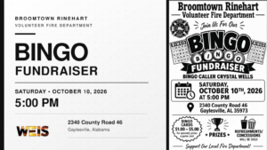 Broomtown Rinehart Bingo Fundraiser header with October 10 event details