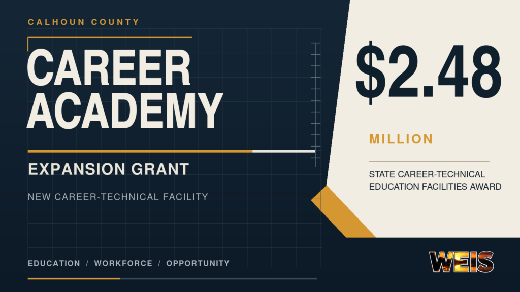 Calhoun County Career Academy grant graphic highlighting the $2.48 million award for a new career-technical education facility