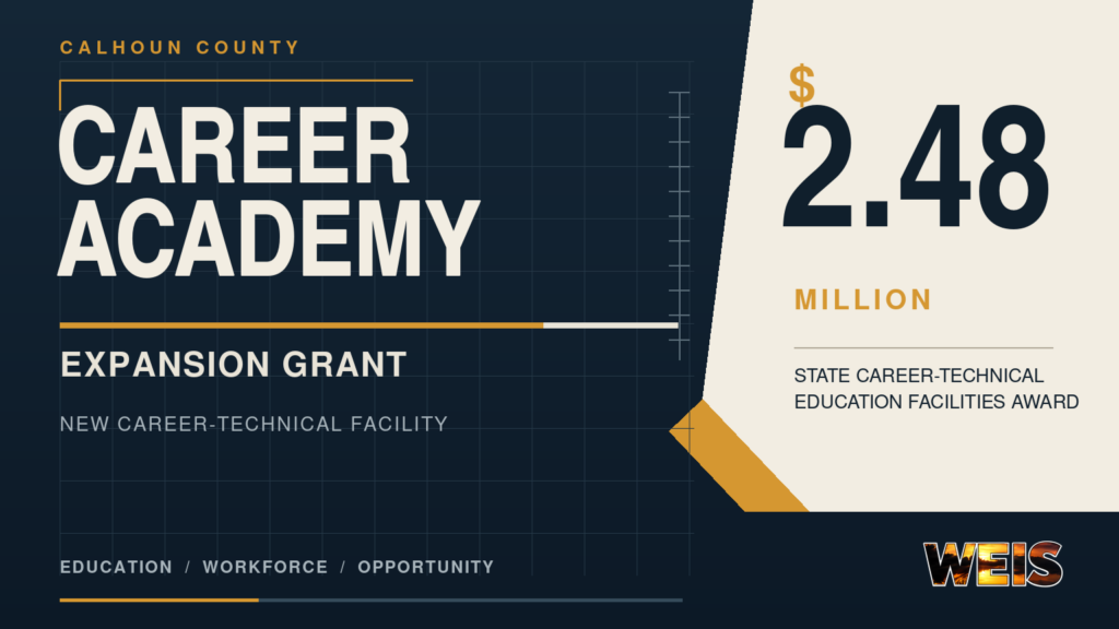 Calhoun County Career Academy grant graphic highlighting the $2.48 million award for a new career-technical education facility
