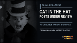 WEIS header for the Cat in the Hat threat trend stating that posts are under review and no credible threat has been identified.