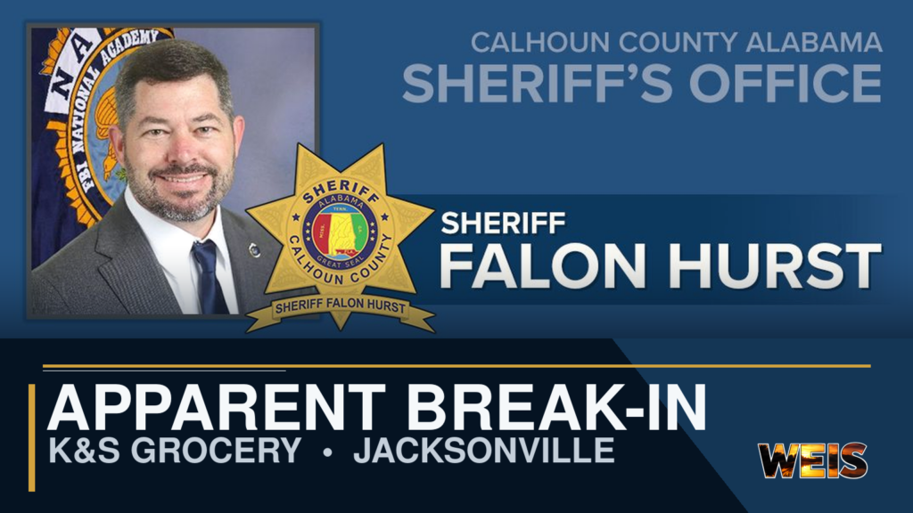 Apparent attempted break-in at K&S Grocery near Jacksonville with Calhoun County Sheriff’s Office branding.