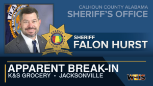 Apparent attempted break-in at K&S Grocery near Jacksonville with Calhoun County Sheriff’s Office branding.