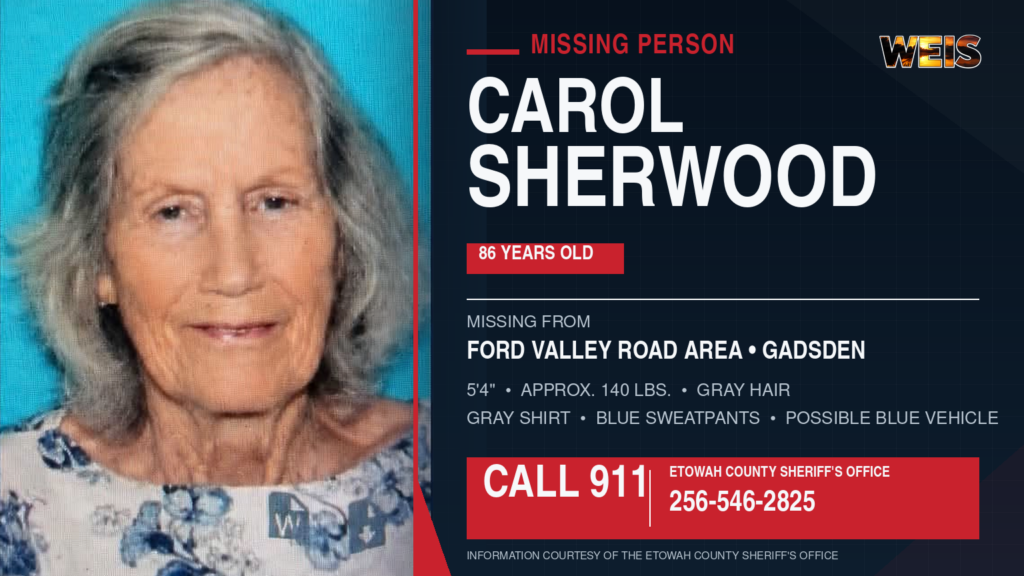 Carol Sherwood missing-person news header showing the 86-year-old woman sought by the Etowah County Sheriff’s Office.